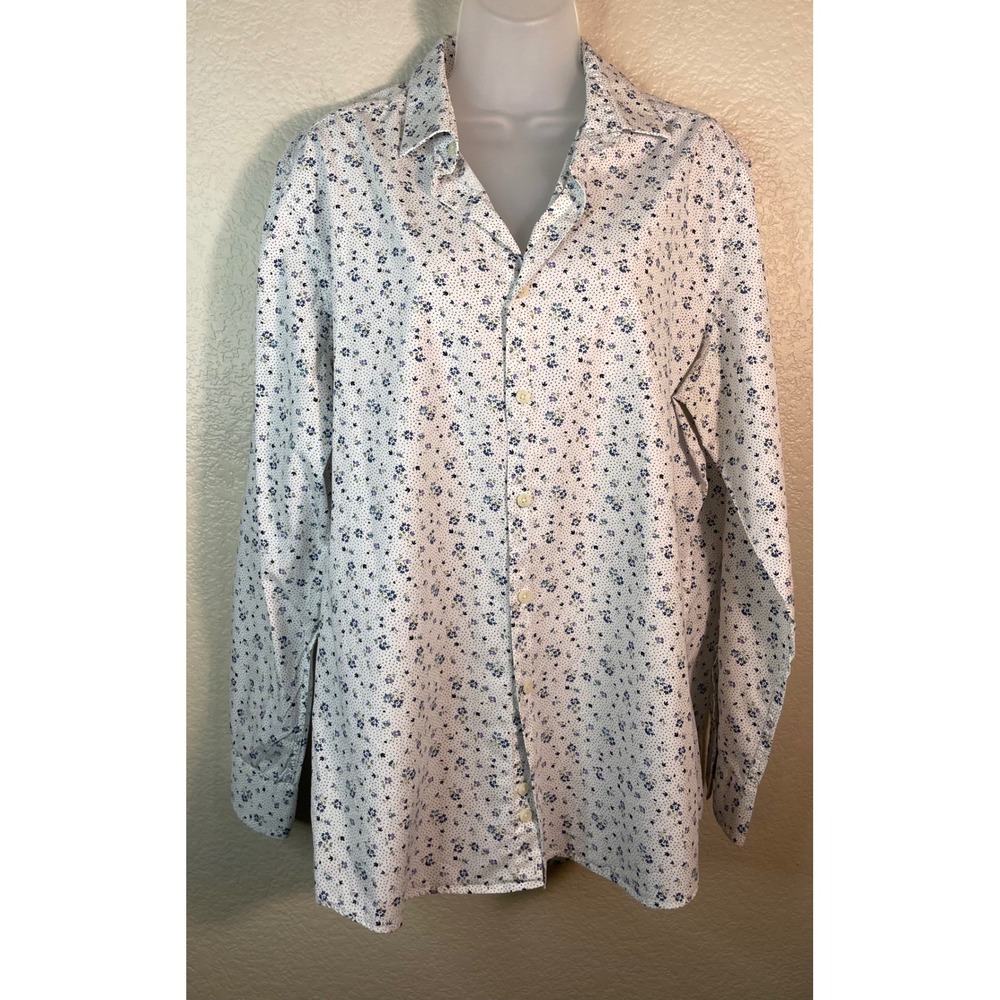Bar III Large Slim Fit Button Up Shirt White Blue Floral Polka Dot Long Sleeve